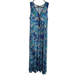 Ariella Chevron Maxi Dress M Sleeveless Zip Front Multicolor Blue Teal Beige